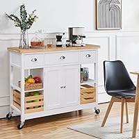 Vista 1 de MFSTUDIO Isla de cocina rodante sobre ruedas, carrito de cocina móvil de 47 pulgadas con estantes abiertos, mesa de madera de caucho, cajones, islas
