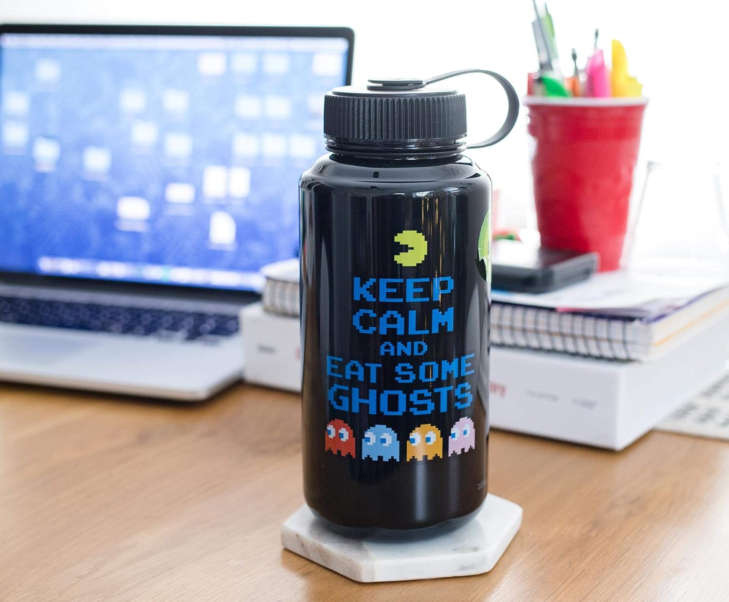 JUST FUNKY Pac-Man Keep Calm And Eat Some Ghosts Water Bottle | Bpa-Free Large Plastic Water Jug With Screw Top Lid | Hydration For Outdoor Sports, Gym, Yoga | Holds 32 Ounces