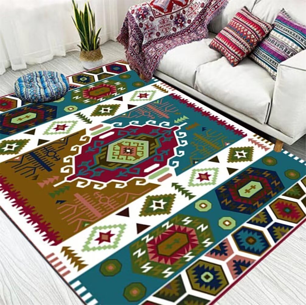 Grand tapis vinyl salon bleu et multicolore 100x150
