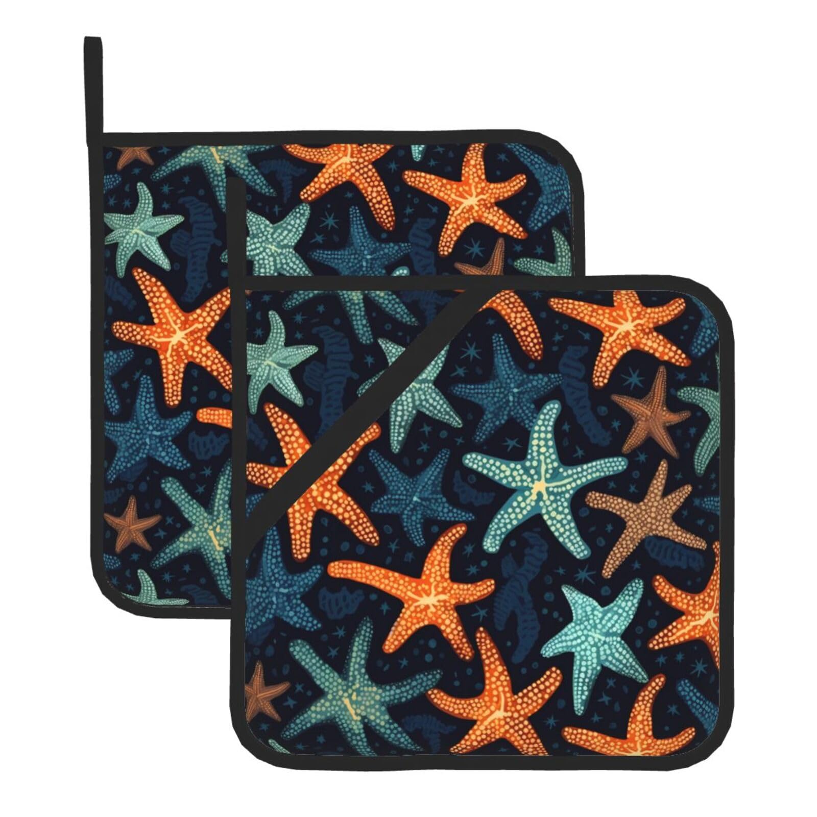 HJFCZH Ocean Starfish Printed Square Insulated Pot Mat Set (2-Piece) 8x8in Waterproof, Thickened & Easy to Clean with Lanyard Design for Kitchen, Oven & BBQ