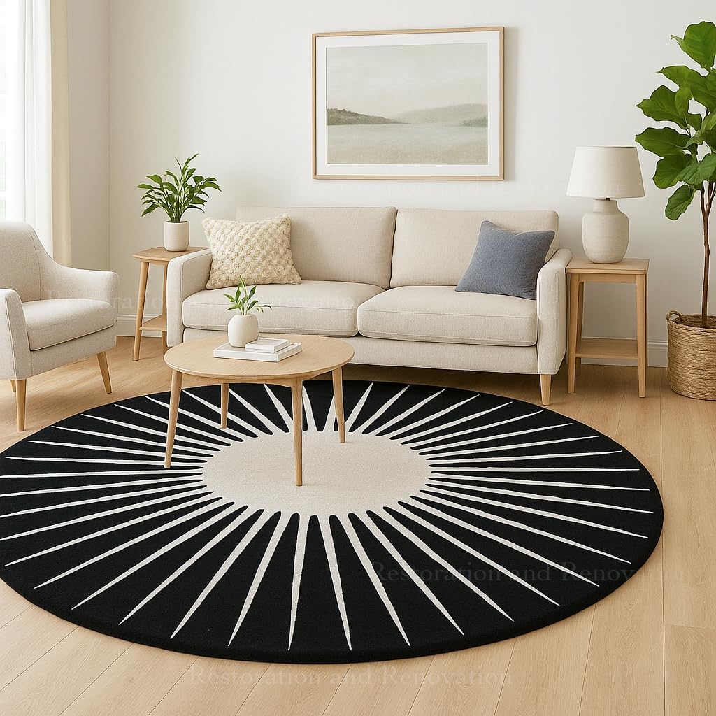 Modern Round Area Rug – Hand-Tufted with 100% NZ Wool, Thick & Soft Circular Carpet for Living Room, Bedroom & Dining Room Decor (Black, 5' Round) 5' (Round) Black