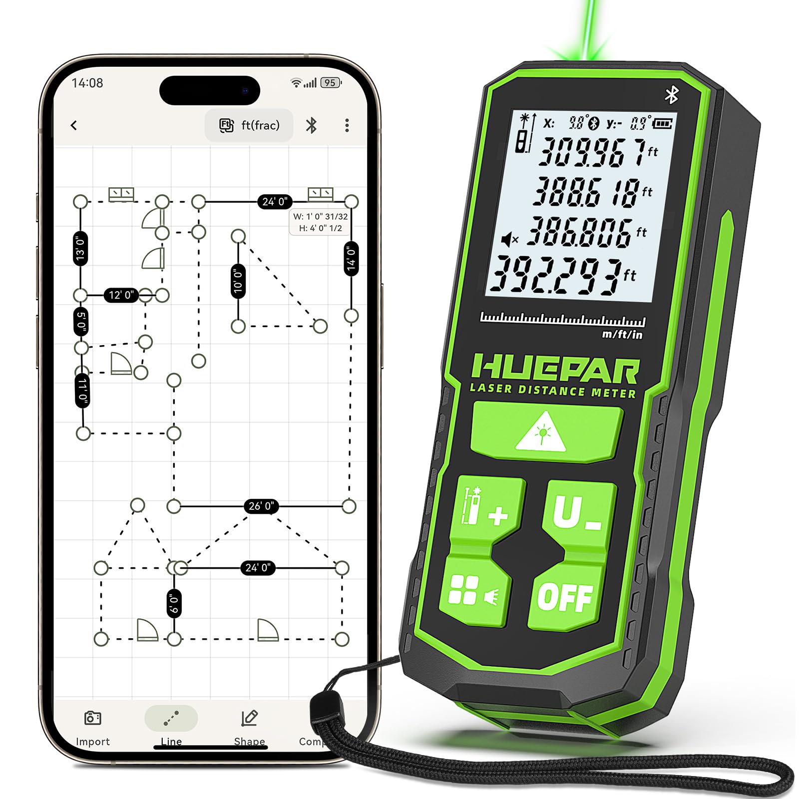 Huepar 120m Telémetro Carga USB Láser Verde Bluetooth,Control por App | Incluye medición continua,modo pitagórico,sensor de ángulo y viene con estuche de transporte y cable datos USB-C S120G-BT