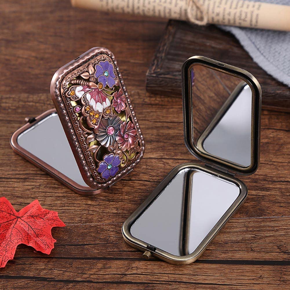 Mini specchio tascabile, specchio da borsa retrò a fiori, specchio cosmetico portatile doppio lato, specchio tascabile pieghevole antico, per donne ragazze donne cosmetici acconciatura regalo di