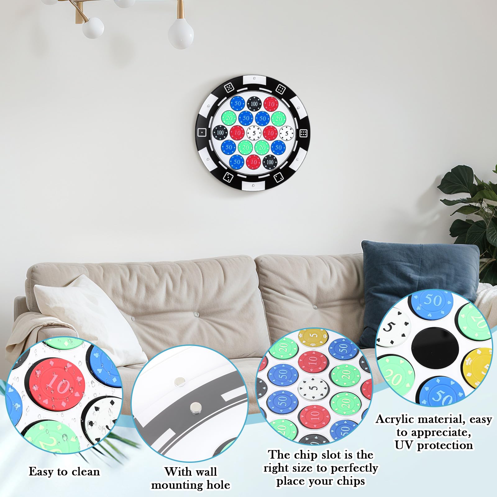 GlikCeil Casino-Chip-Halter, 13,5 x 22,9 cm, Wandmontage, Vitrine für 24 Pokerchips, Acryl-Pokerchip-Tabletts, Acryl-Display-Rahmen für Münzsammler und Zubehör