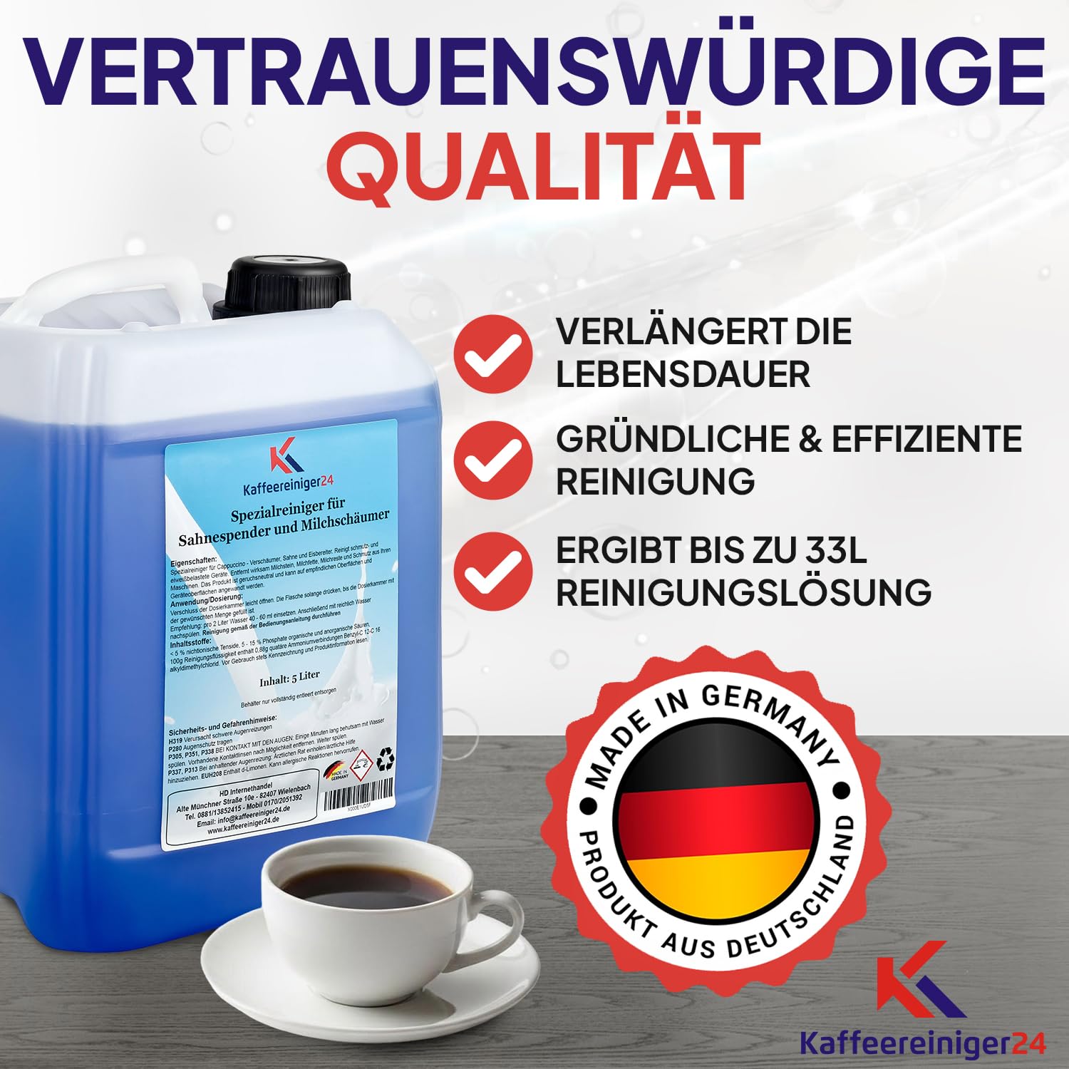 Kaffeereiniger24 - Limpiador de sistema de leche (5 L, compatible con Jura, DeLonghi, WMF, Saeco y Melitta, limpiador de espuma de leche para cafeteras automáticas)