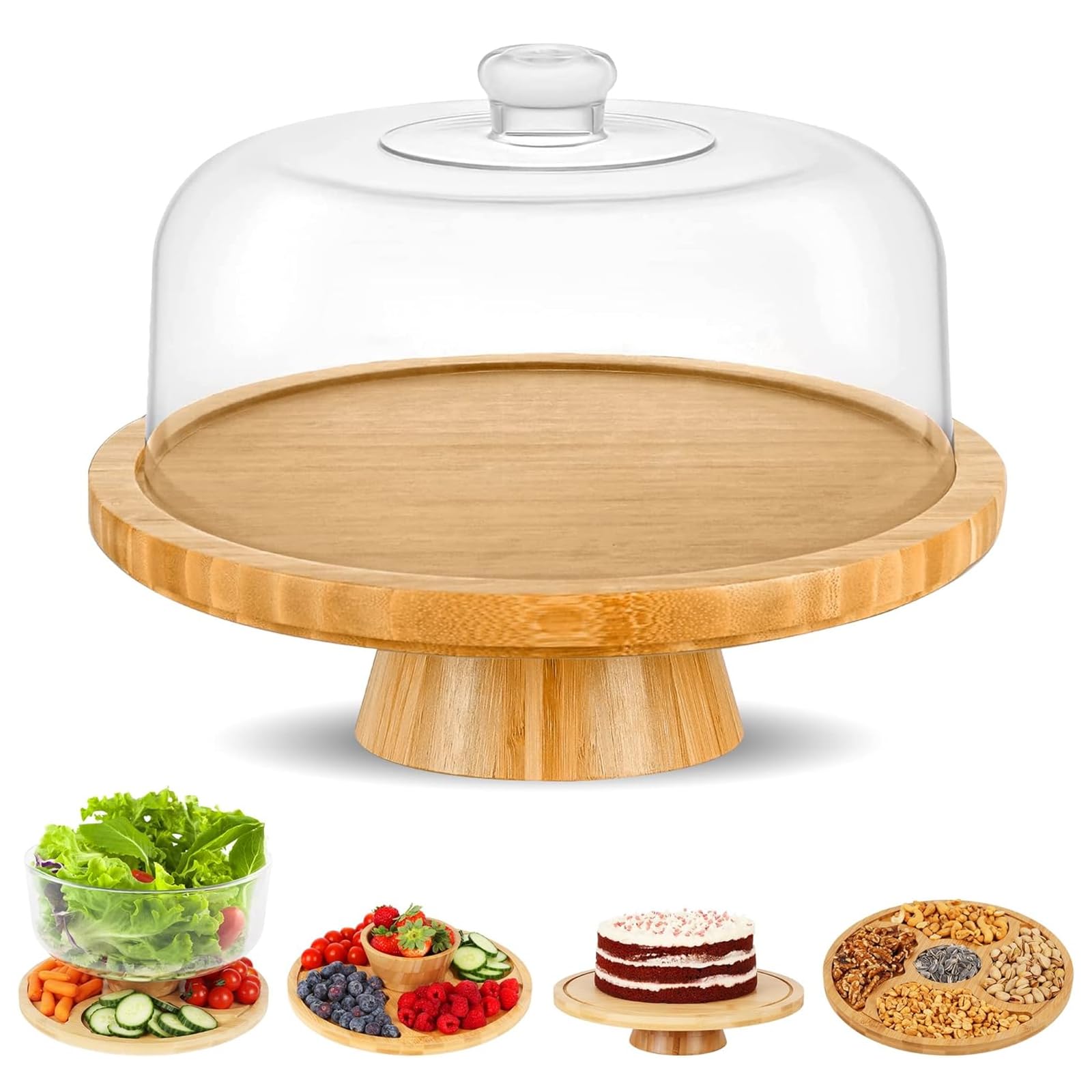 LOMUG Présentoir à gâteau 6 en 1 avec couvercle, plateau à gâteau en bambou avec support, cloche à gâteau polyvalente pour gâteaux, gâteaux, cupcakes et desserts