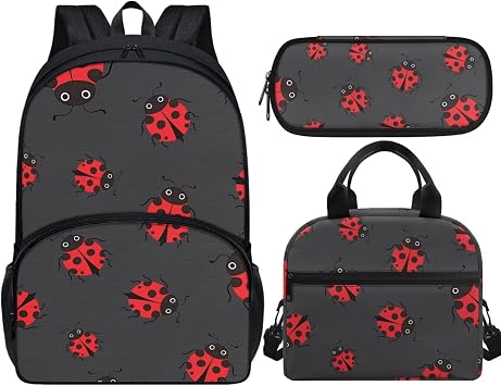 Forchrinse Red Ladybugs Backpack for Girls 3-In-1 Back to School Set with Lunch Bag Pen Case Lightweight Girls School Bag Set for Elementary Kindergarten Cute Kids Bookbag Daypack