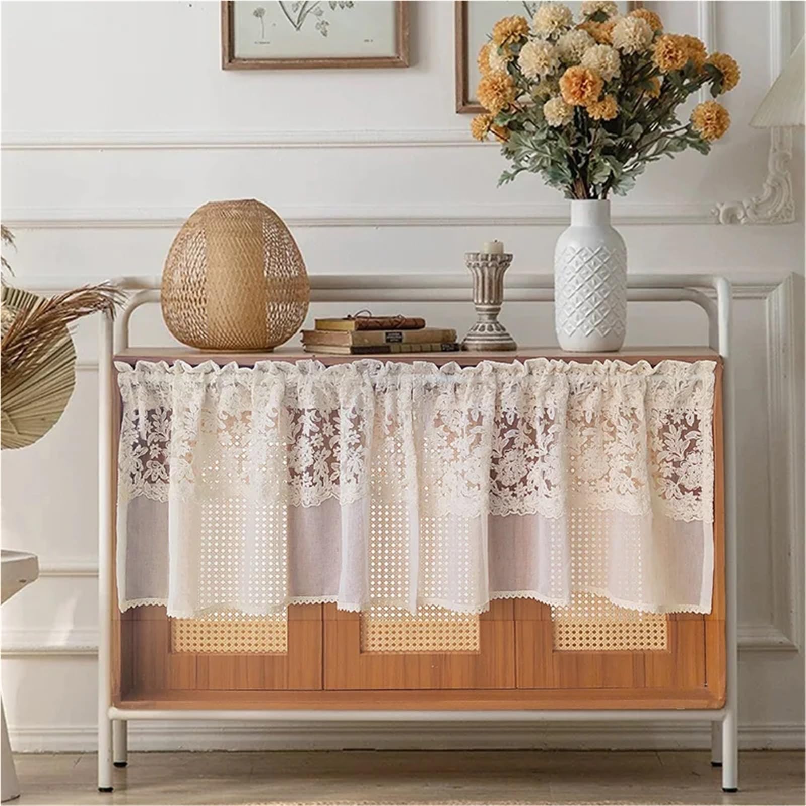 Tende Per Finestre Piccole Tenda corta trasparente con ricamo floreale romantico, in pizzo beige retrò, for soggiorno, camera da letto, mobile cucina(W100 x H90cm 1Piece)