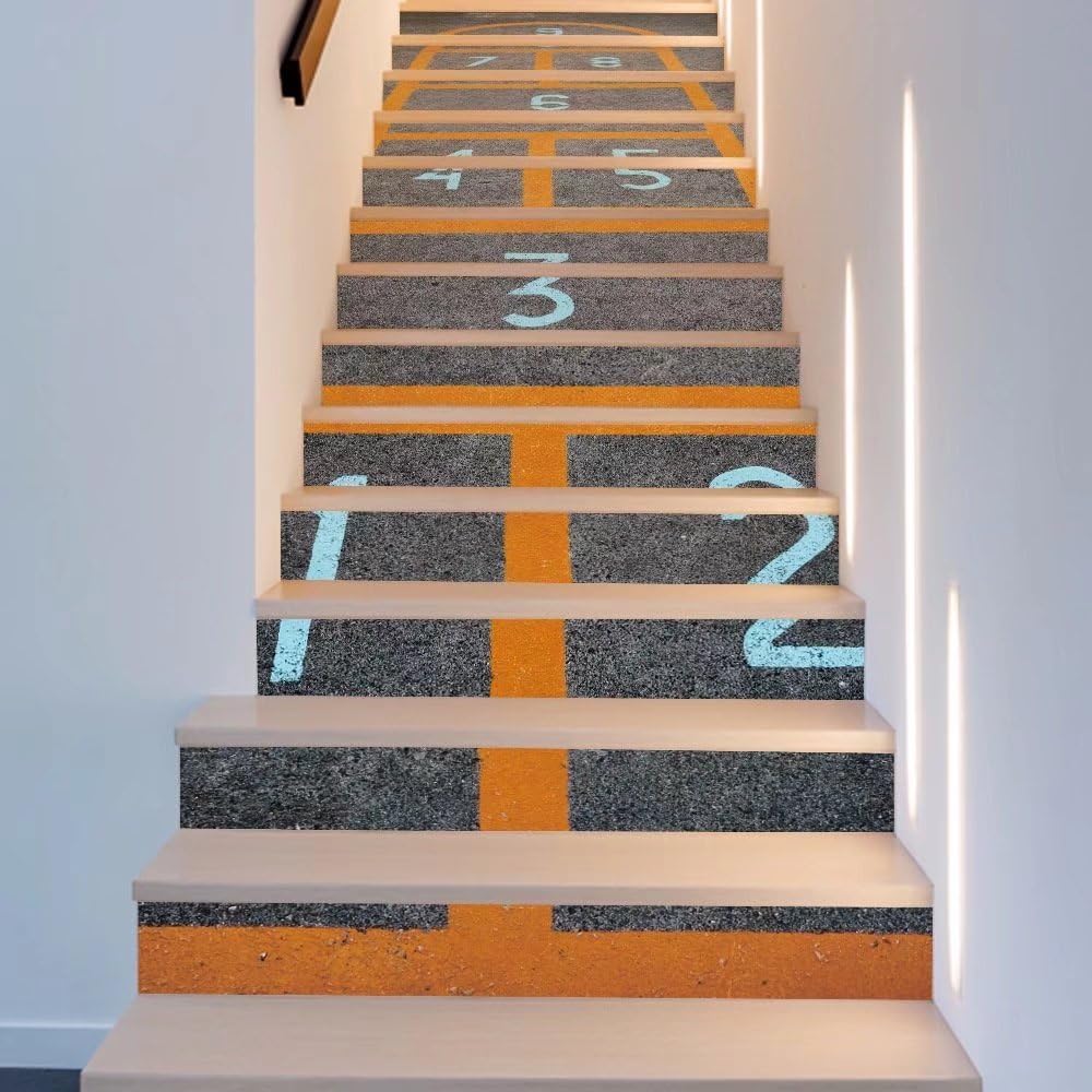 Frolahouse Peel and Stick Tile Backsplash Stair Riser Decals,Children's Game Hopscotch DIY Tile Decals,Waterproof Home Decor StairCase Decal Stair Mural Decals 7''W x 39''L (Set of 13)