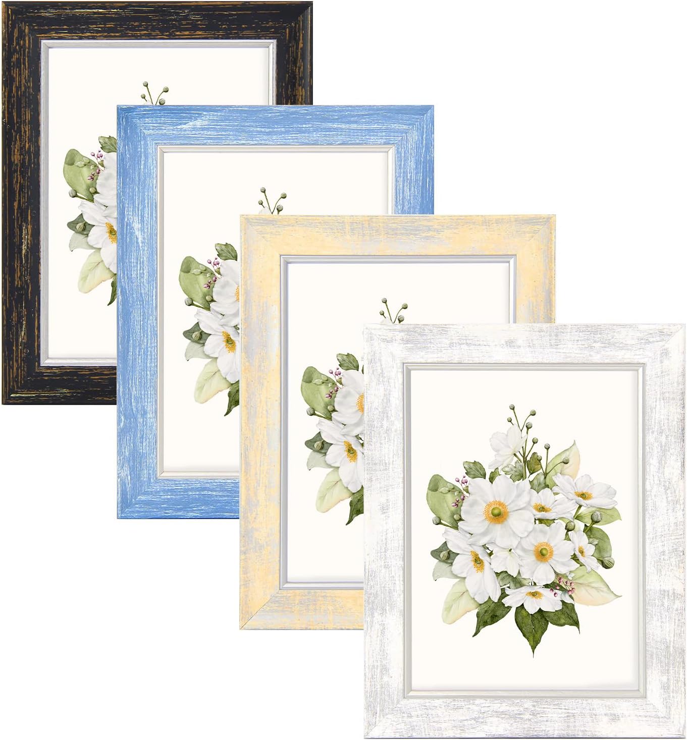 AAQ 5x7 Picture Frames Set of 4, Rustic Farmhouse Photo Frame with HD Plastic Cover,5x7 without Mat or 4x6 with Mat for Wall or Tabletop Display Home Office Gift