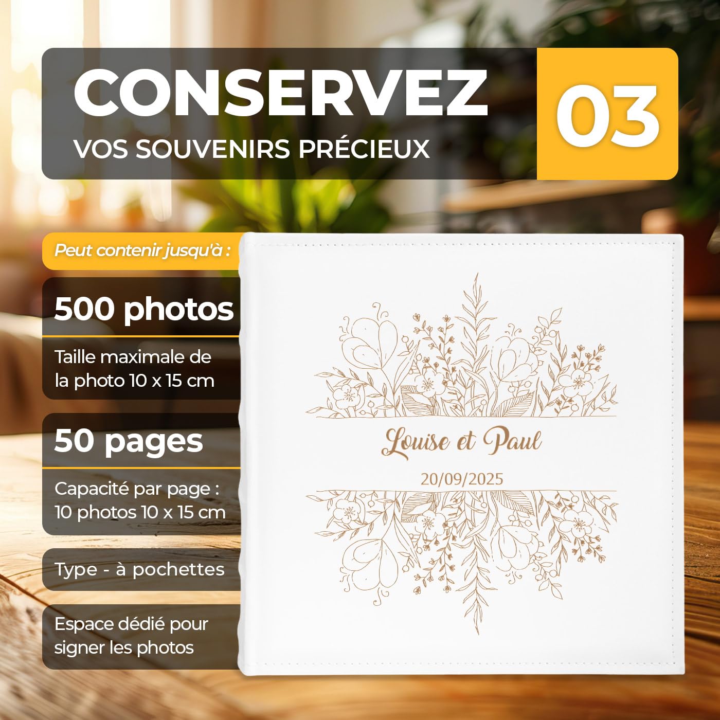 Maverton Album à 500 Photos avec couverture - cadeau personnalisé pour couples - Livre Photo pour mariés - Album photo pochette livre en cuir blanc - cadeau mariage - souvenir - fiancailles 2