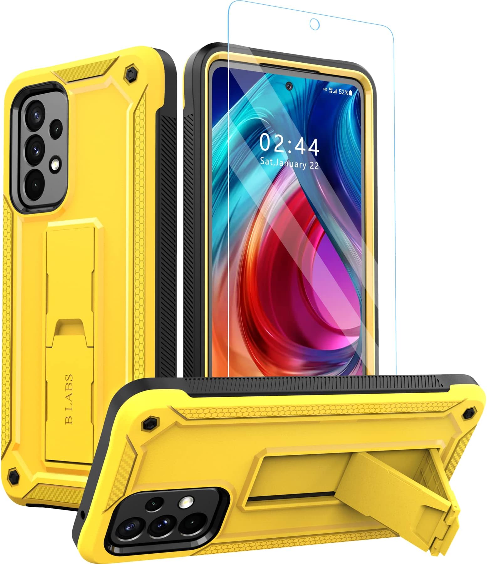 Compatible with Samsung A53 5G Case - Ultimate Drop Protection with Built-in Screen Protector and Kickstand (Yellow)