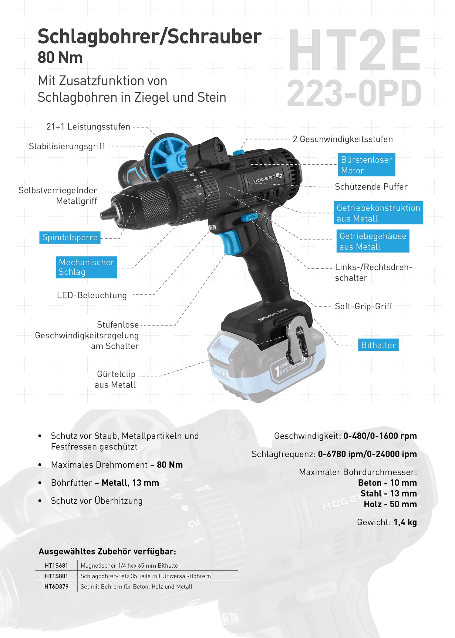 HÖGERT TECHNIK Bezszczotkowa akumulatorowa wiertarko-wkrętarka udarowa, zestaw 18 V, moment obrotowy 80 Nm, akumulator 4,0 Ah, ładowarka 4 A, oświetlenie LED, metalowa przekładnia, do drewna i metalu