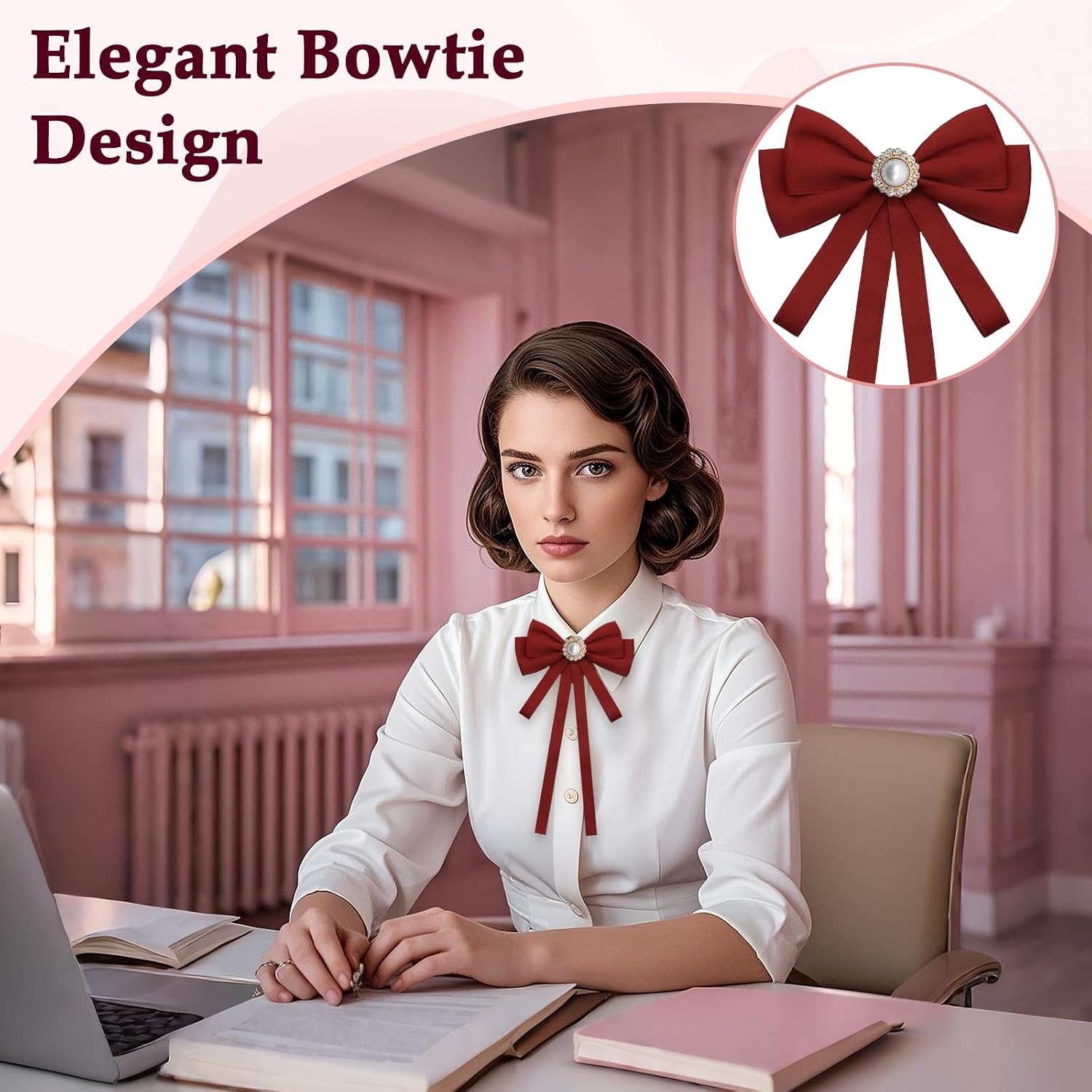 Womens Bow Tie, Pre-tied Adjustable Pearl Bow Tie for Women Ribbon Bow Ties for Business Party Casual