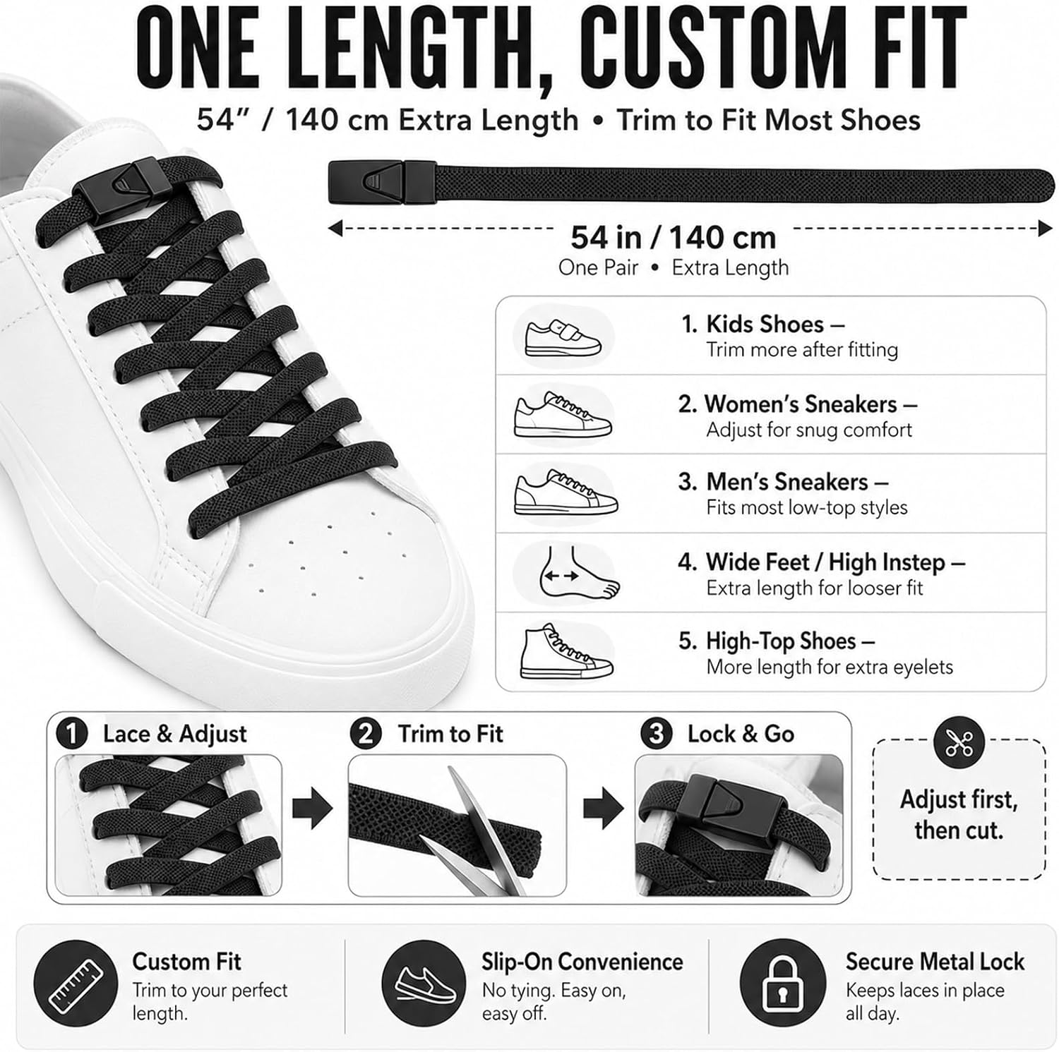 5/16'' Flat Elastic No Tie Shoe Laces for Sneakers | Cut-to-Fit Tieless Slip-On Shoelaces Replacement Shoestrings, One Size Fit All For Adults & Kids