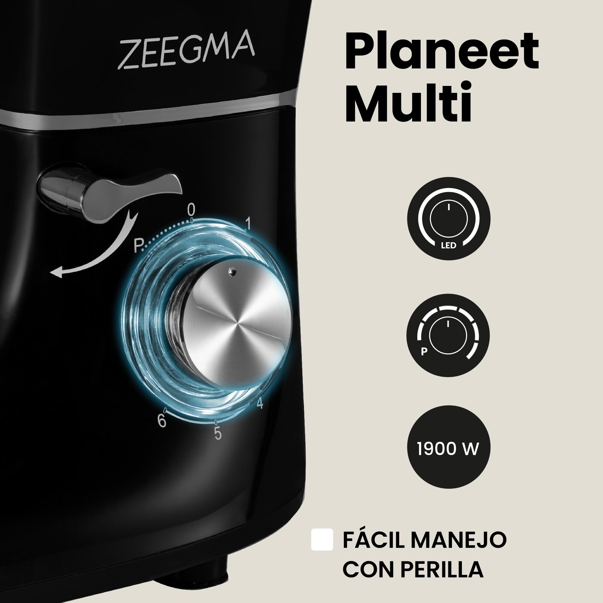 ZEEGMA PLANEET MULTI Robot de Cocina Planetario 1900W 3 en 1, Maquina Amasadora de Masa con Bol de 6,2 L con Asa y Tapa, Batidora de Vaso, Picadora Eléctrica de Carne de 6 Velocidades