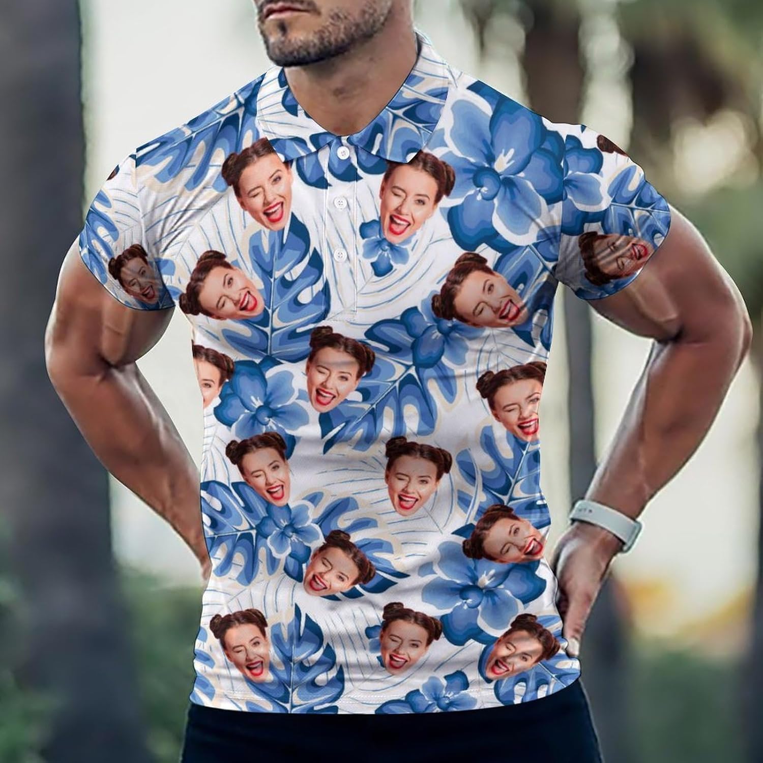 Custom Polo Shirts Personalized Face Hawaiian Golf Shirts for Men with American Flag Custom Button Up Bowling Shirt