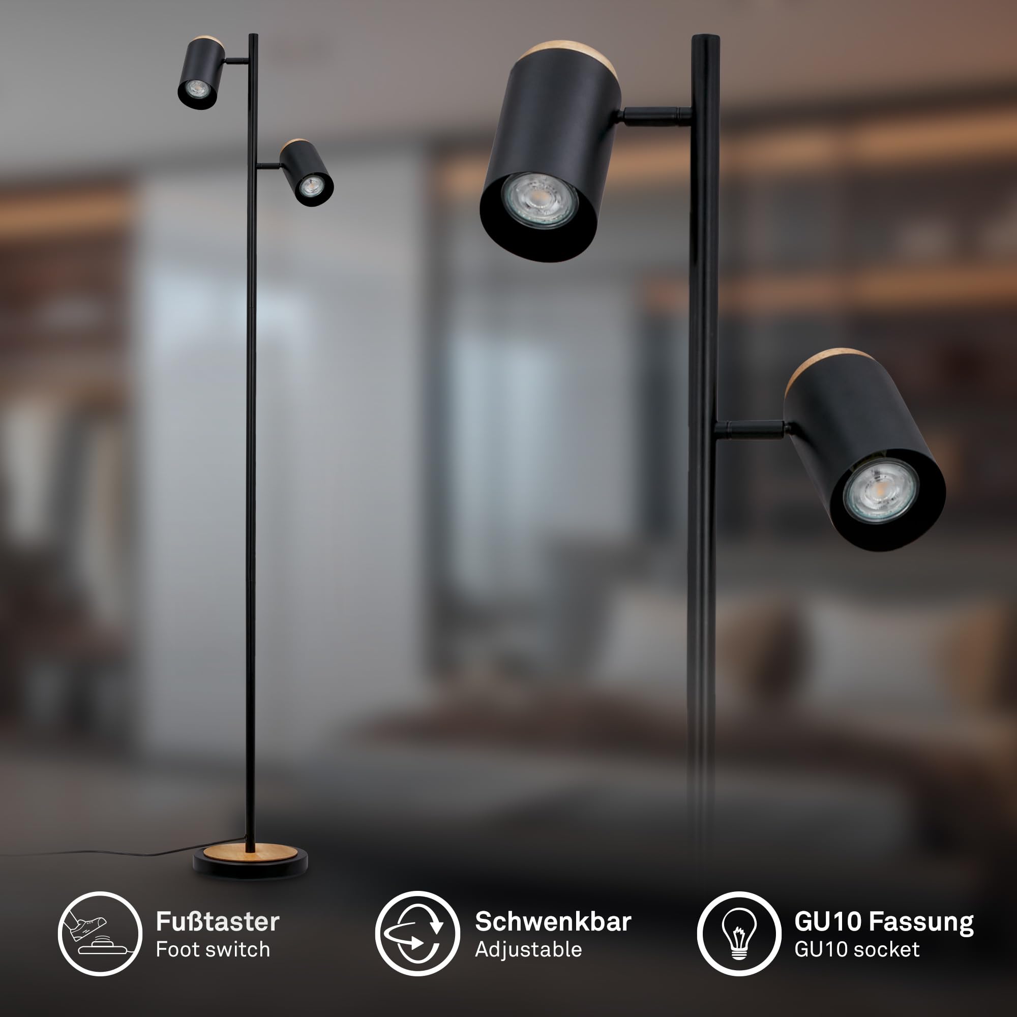 BRILONER - Lampada da terra con interruttore a cavo, faretti orientabili, 2x attacco GU10, piantana lampada da terra, lampada da terra salotto, lampada soggiorno da terra, 26x26x159,5 cm, nero-legno