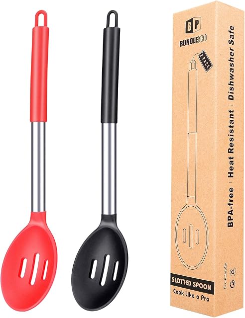 Pack of 2 Large Silicone Slotted Spoon,Kitchen Skimmer with High Heat Resistant, BPA Free Non Stick Cooking Ladle Strainer for Draining & Frying (Black-Red)