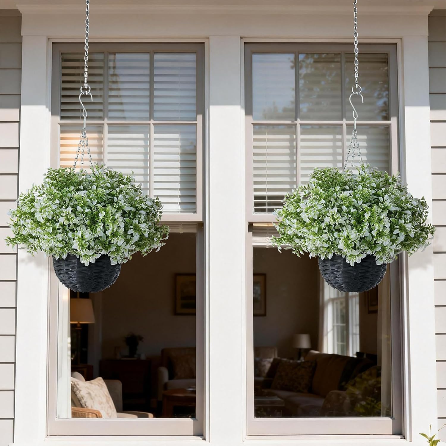 2PCS Artificial Boxwood Plants with Hanging Basket - Fake Aglaia Odorata Hanging Planters Faux Greenery UV Resistant Eucalyptus Leaves for Front Porch Patio Garden Farmhouse Home Decor (White-Green)