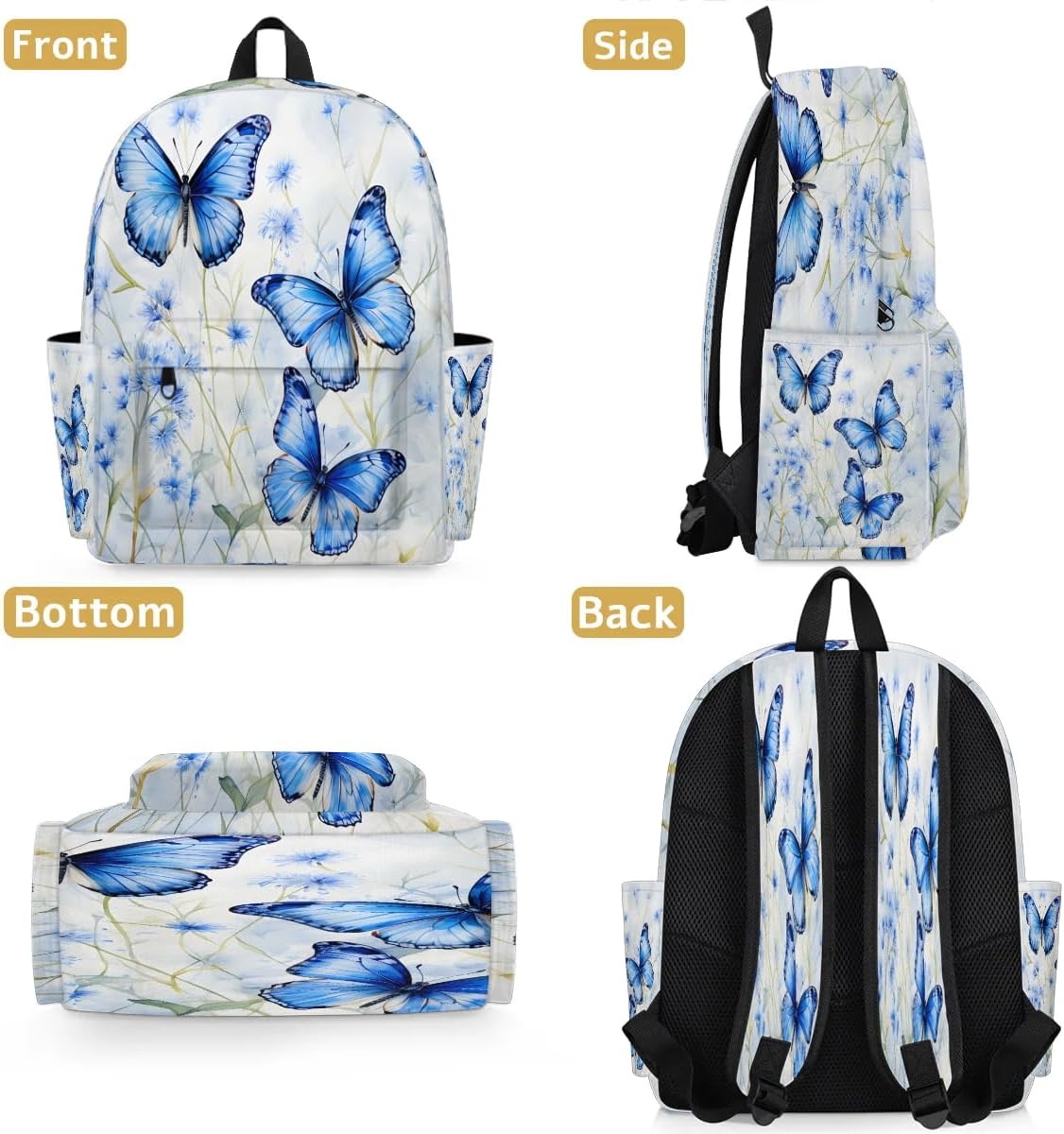 15.1 Inch Casual Backpack Blue Butterfly Small Backpack with Multiple Pocket Waterproof Mini Bags Daypack with Chest Strap Butterflies Travel Bag