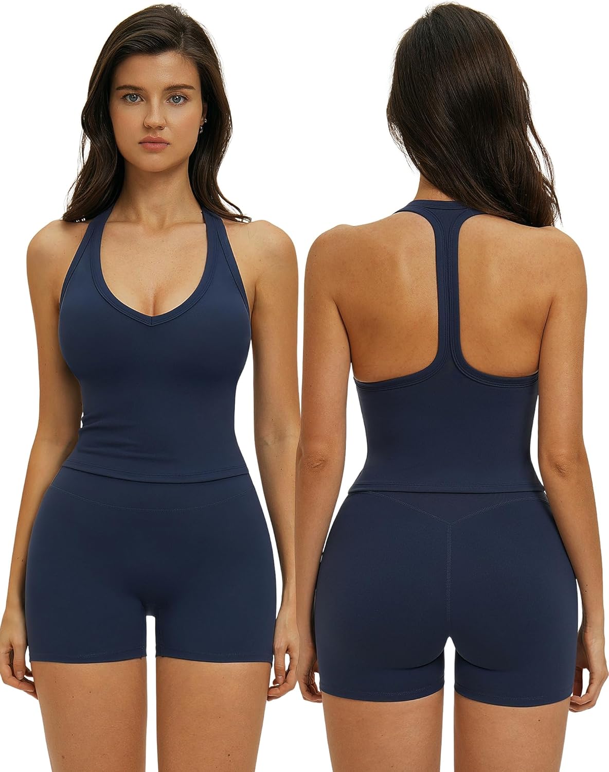 ABOCIW Workout Sets for Women 2 Piece Padded V Neck Racerback Tank Top Matching High Waist Biker Shorts Pilates Yoga Set