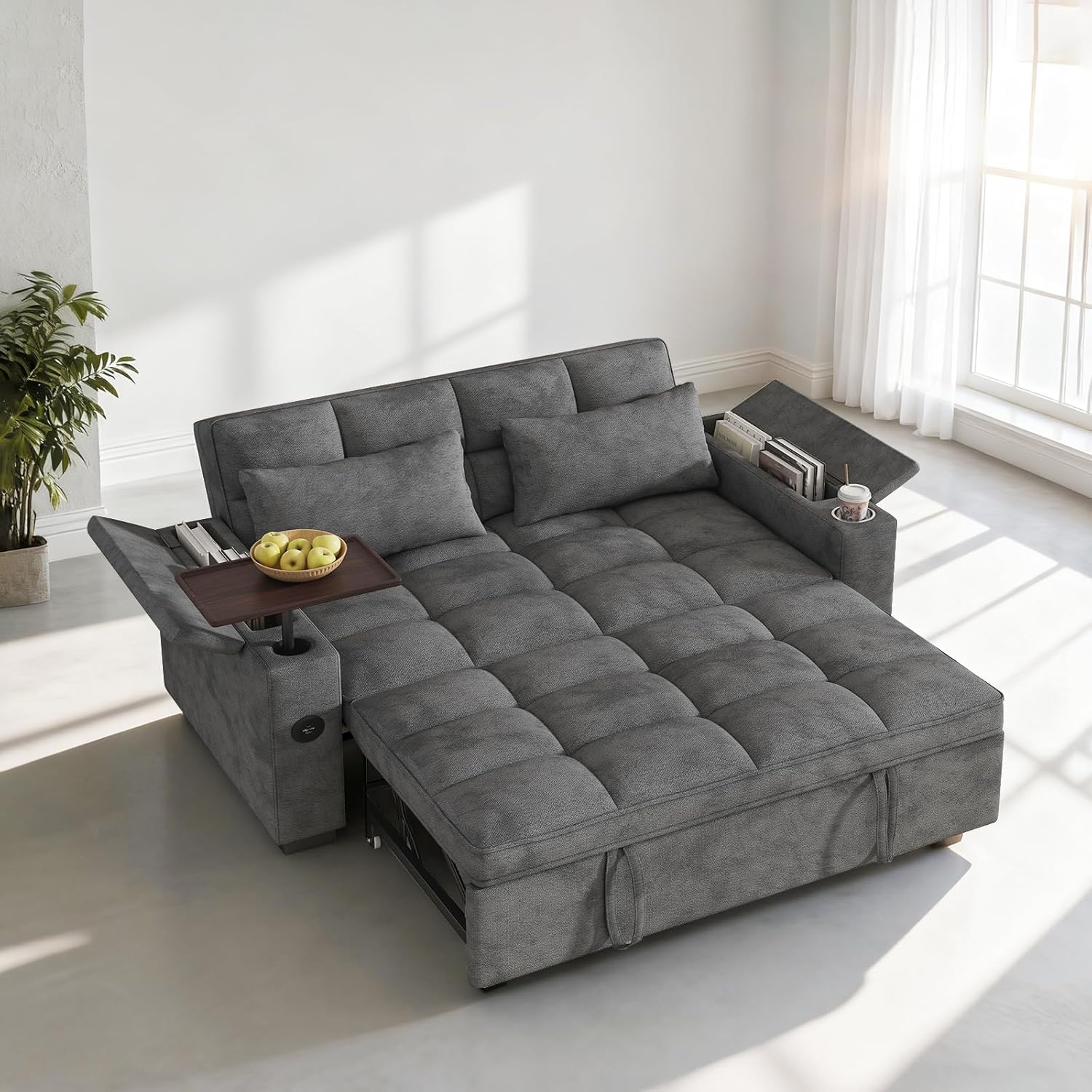 Dreamzie 65'' Grey Chenille 3-in-1 Convertible Sleeper Sofa Bed w/ 90° Swivel Table, Charging Ports, Cup Holders