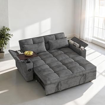 Dreamzie 65 Convertible Sleeper Sofa Bed with 90 Swivel Side Table, Chenille Pull Out Couch for Living Room, Loveseat Sleeper with Hidden Storage Space | Charging Port | Cup Holders, Grey