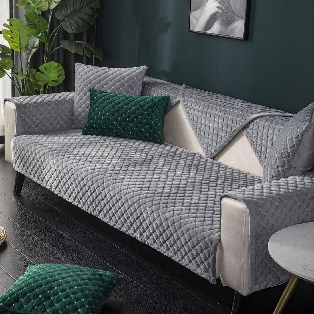 vctops Luxury Velvet Couch Sofa Cover Soft Plush Sectional Couch Covers Plaid Nonslip Sofa Slipcover for Dogs Cats Pet Love Seat Recliner Leather L Shaped, Armrest Backrest Cover (Gray,36"x70")