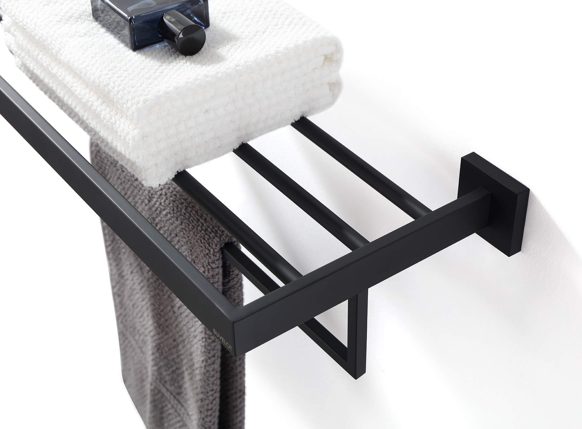 BUVELOT Towel Rack, Towel Shelf for Bathroom, Square Modern Hotel Style Towel Rack with Shelf, 24Inch, Matte Black, Wall Mounted, No Assembly, 071100-MB Les Series