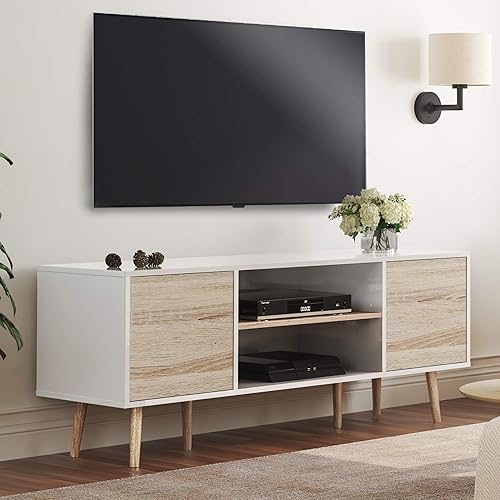 WAMPAT Mid-Century - Muebles de TV modernos para televisores de hasta 60 pulgadas, mesa consola multimedia de madera con puertas, centro de
