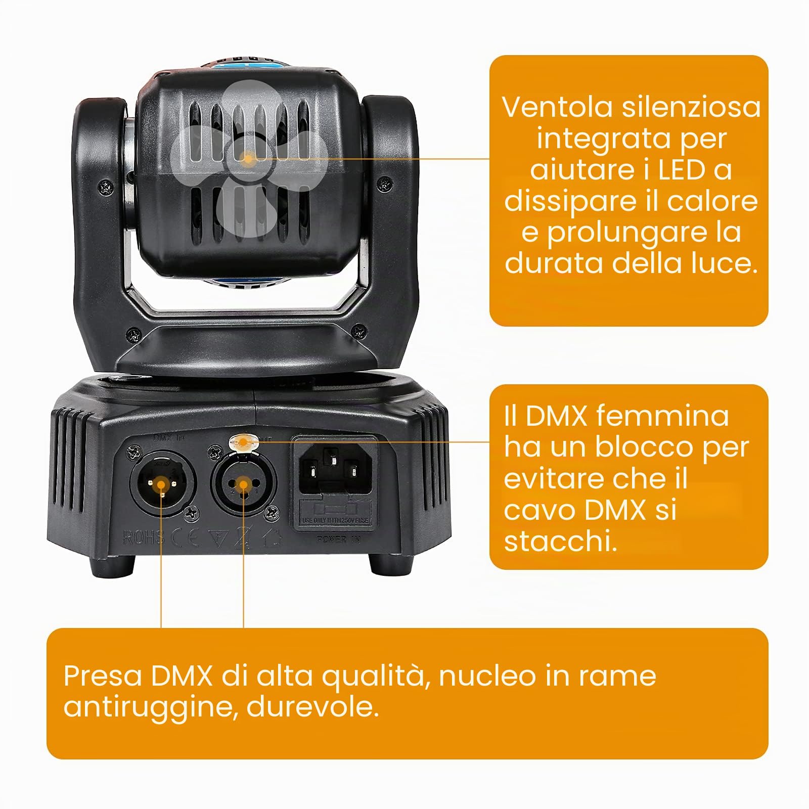 LED testa mobile professionale DMX512 RGBWA/UV 50 W 16/18 CH Professional Mini Moving Head Illuminazione Palcoscenico 6 in 1 effetto strobo per DJ discoteca ristorante club matrimonio casa party.