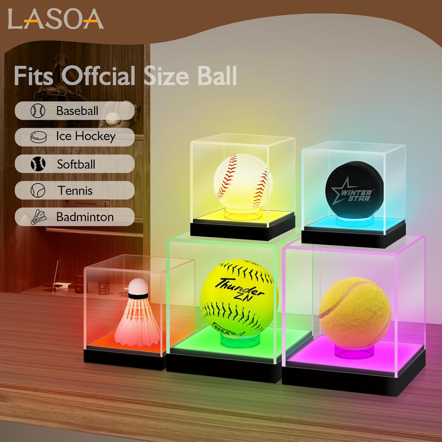 LASOA Baseball Display Case with RGBW LED Light, Acrylic Display Box for Memorabilia, UV Protection Dust Proof for Autographed Ball with Ball Stand, 4x4x4 Inch