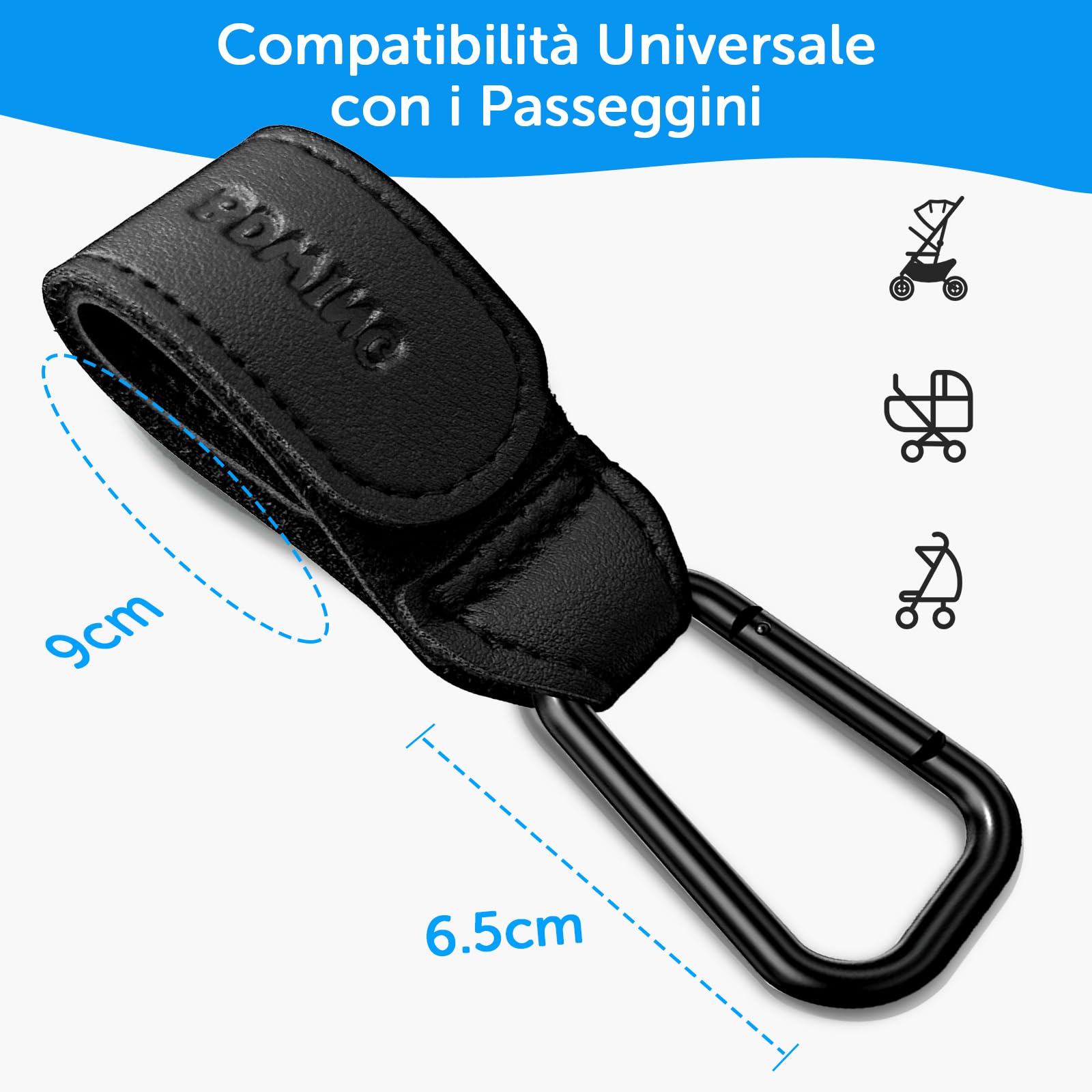 Bdwing Ganci per Passeggino Porta Borse in Pelle, 2 Pezzi Universali Accessori Passeggino per Appendere Borse, Zaini e Borsa della Spesa, Antiscivolo, Cuciture Forti (Nero)
