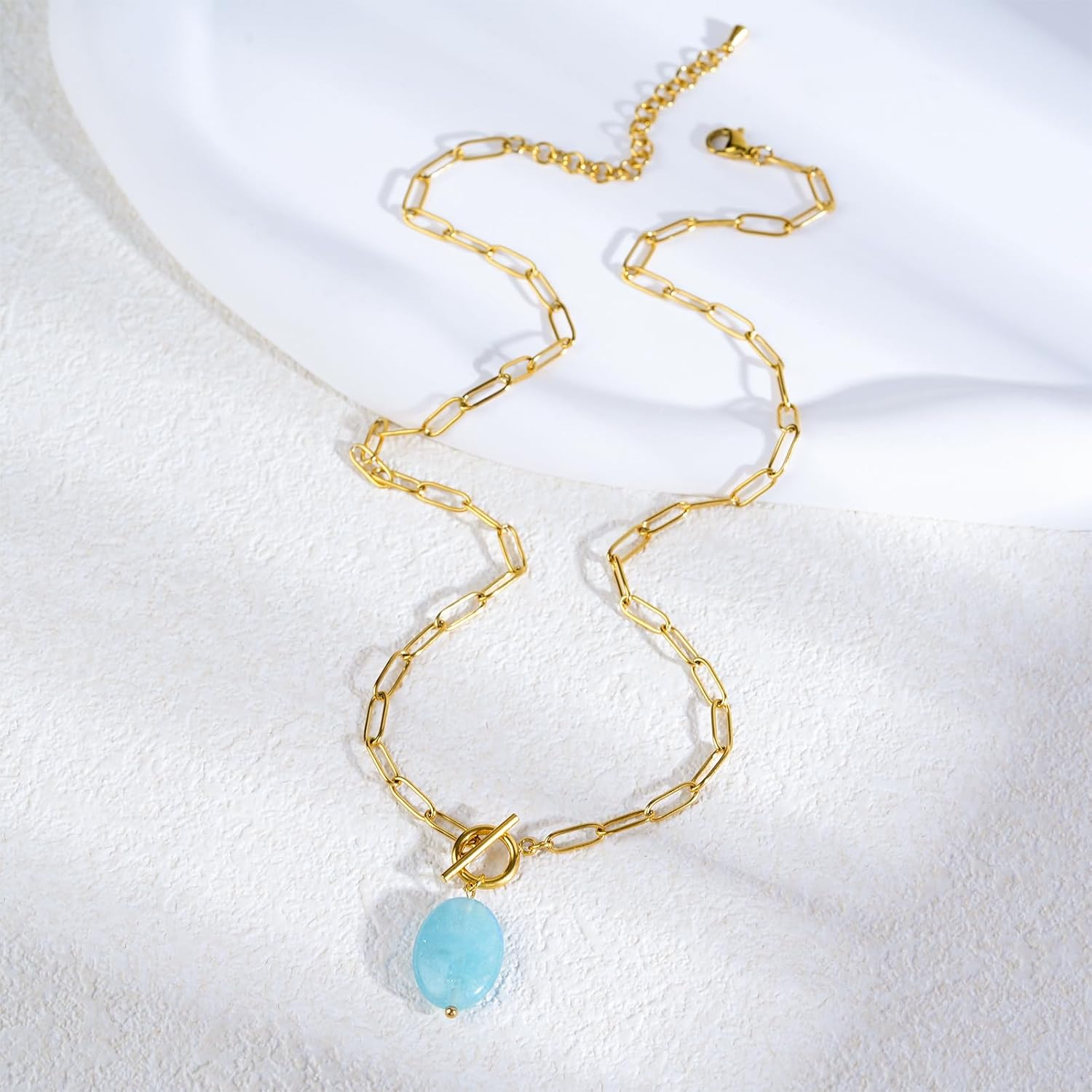 Pearl Gemstone Pendant Paperclip Toggle Necklace 18k Gold Plated Natural Pearl Stone Birthstone Chain Necklace Paperclip Jewelry Valentine's Day Gift for Women - Image 3