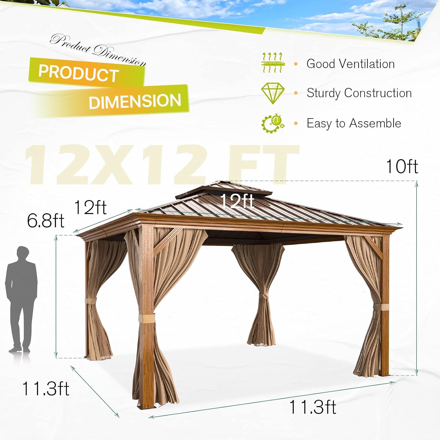 Diagram showing the dimensions of the EROMMY 12x12 Hardtop Gazebo