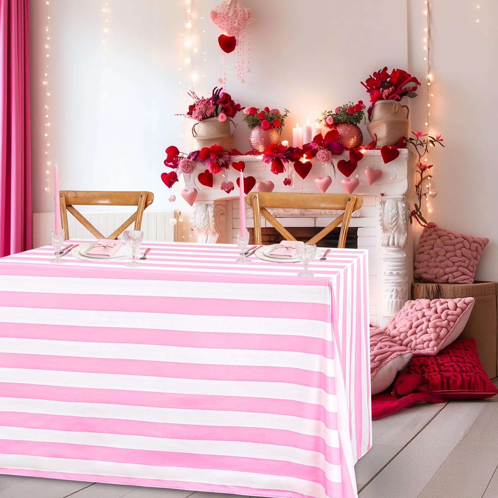 View 1 of SoarDream Pink and White Striped Tablecloth 57 x 84 Inch Rectangle Waterproof Valentines Day Table Cloth for Easter Holiday Spring Picnic Birthday Party Decoration