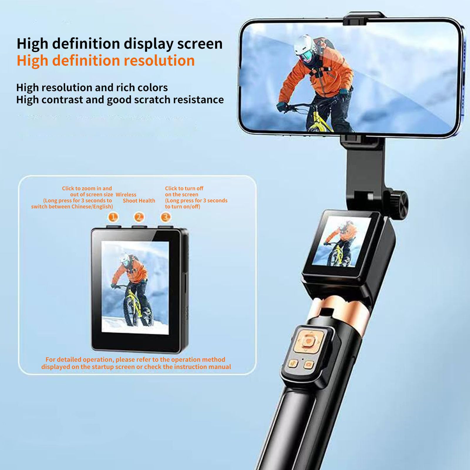 Garsent Palo Selfie Inalámbrico con Espejo de Pantalla, Trípode Extensible de 66,9 Pulgadas con Control Remoto y Cabezal Giratorio de 360 Grados para Grabación de Video y Transmisión en