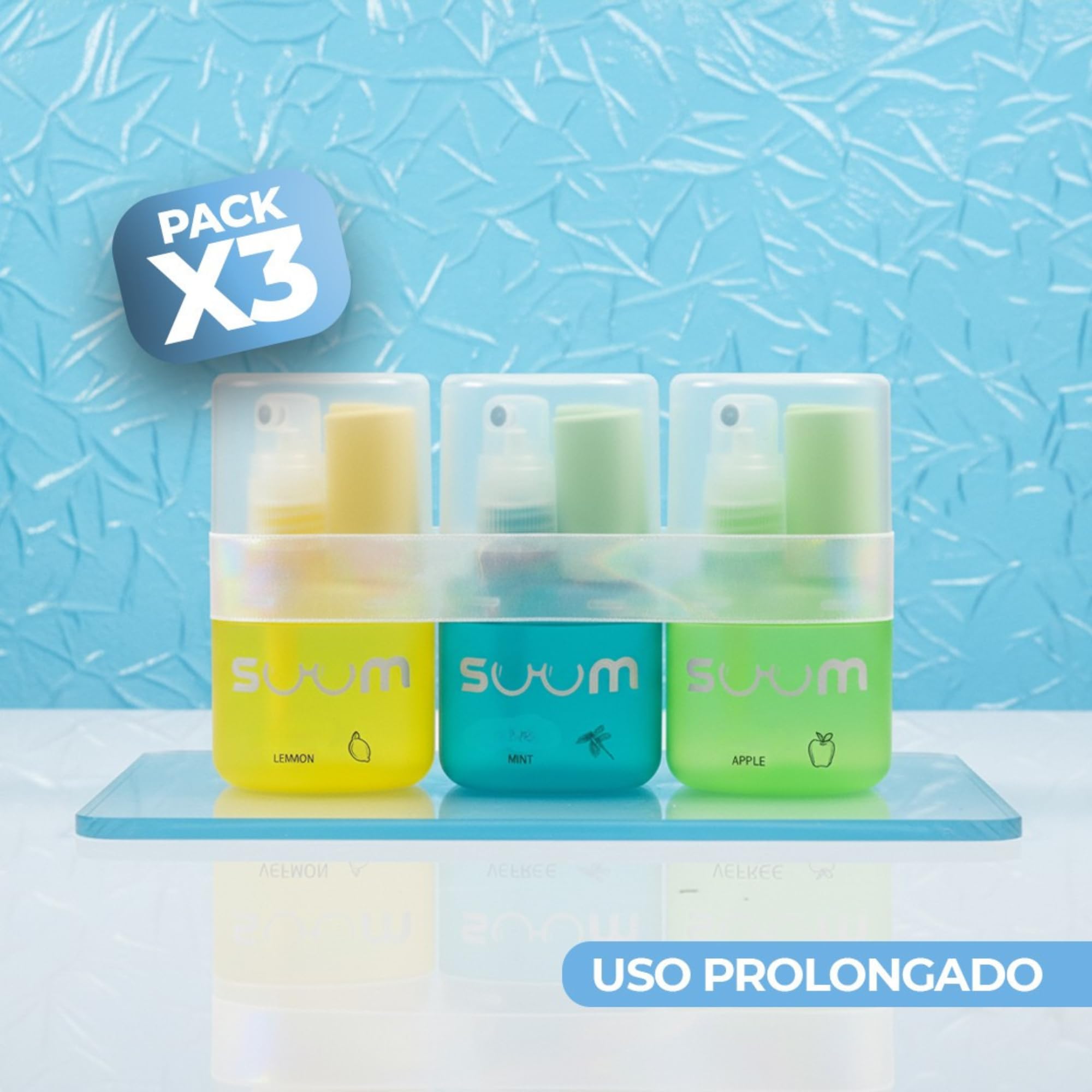SUUM Pack 3 Spray Limpiador de Gafas con Paño de Microfibra - Spray con para Lentes Limpios y sin Vaho para Cristales y Pantallas - Limpia Gafas (Menta, Limón y Manzana)