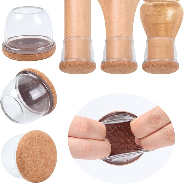 16 PCS Clear Silicone Chair Leg Floor Protectors, Silicone Chair Leg Caps with Wrapped Felt, Chair Leg Silicone Covers Smooth Moving Chair Feet Protectors, No Scratches No Noise, (Round, 0.75")