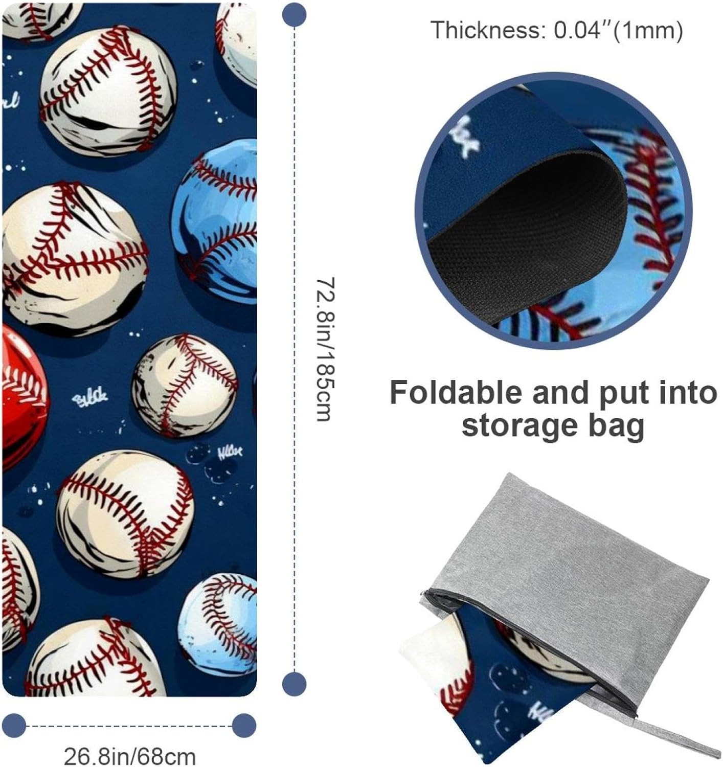 Yoga Towel, Baseball Pattern Non Slip Sweat Absorbent Hot Yoga Mat Towel for Hot Yoga, Pilates and Fitness - 72.8" x 26.8"