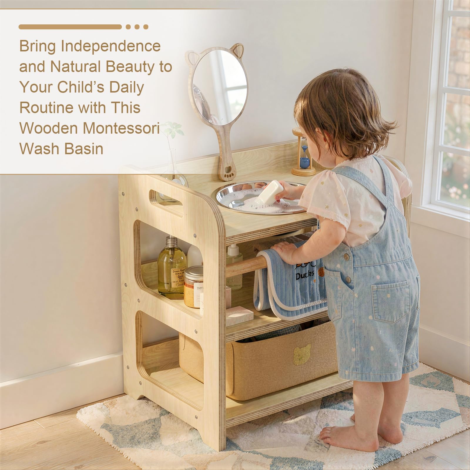 MSFE Lavabo Montessori con Espejo de Oso,Reloj de Arena,Toalla y Cesta,Marco de Lavabo Infantil de Madera para Ayudar al Niño a Experimentar la Higiene Personal e Autonomía con Diversión,35*50*50CM