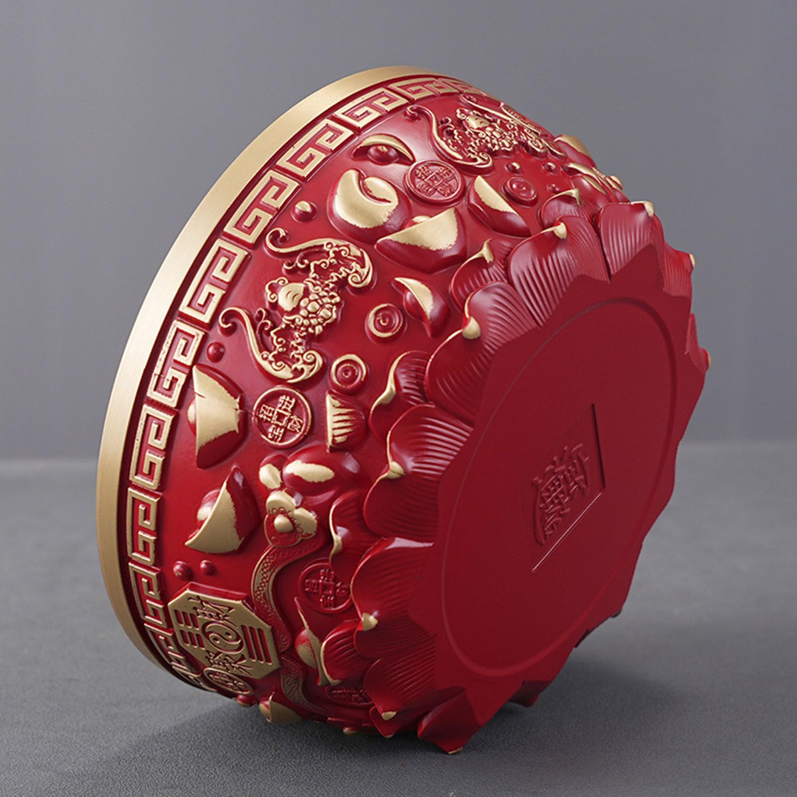 Miska na skarby Feng Shui z czerwonego mosiądzu - symbol bogactwa w kolorze szczęścia na biurko w domu, ręcznie wykonany metalowy wystrój ze złotymi akcentami,14CM