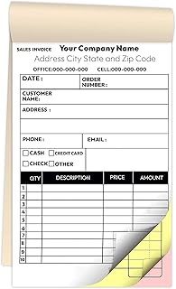 Custom 5.5" X 8.5" Invoice Receipt Book, Carbonless NCR Invoice Book in 3-Part Duplicate Receipts, Estimates, Purchase Orders, Sales Orders, Price Forms with Your Company/Business Name