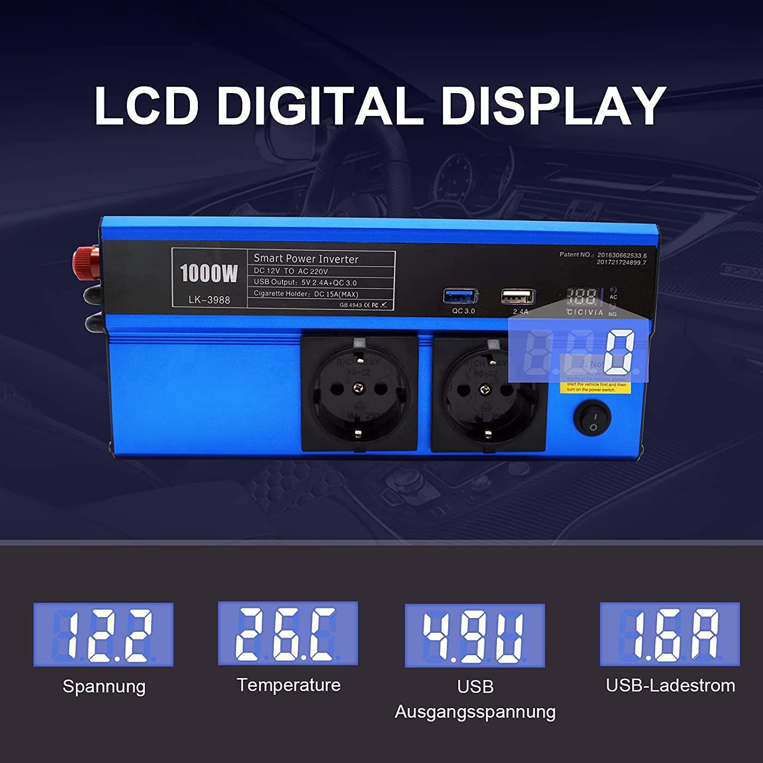 INVERTER 1500W 12V 230V, TRASFORMATORE DI TENSIONE CONVERTITORE POTENZA, DUE PRESE DI RICARICA USB, CARICATORE PER AUTO, PRESA DI ALIMENTAZIONE STANDARD - DISCORAMA® (1500)