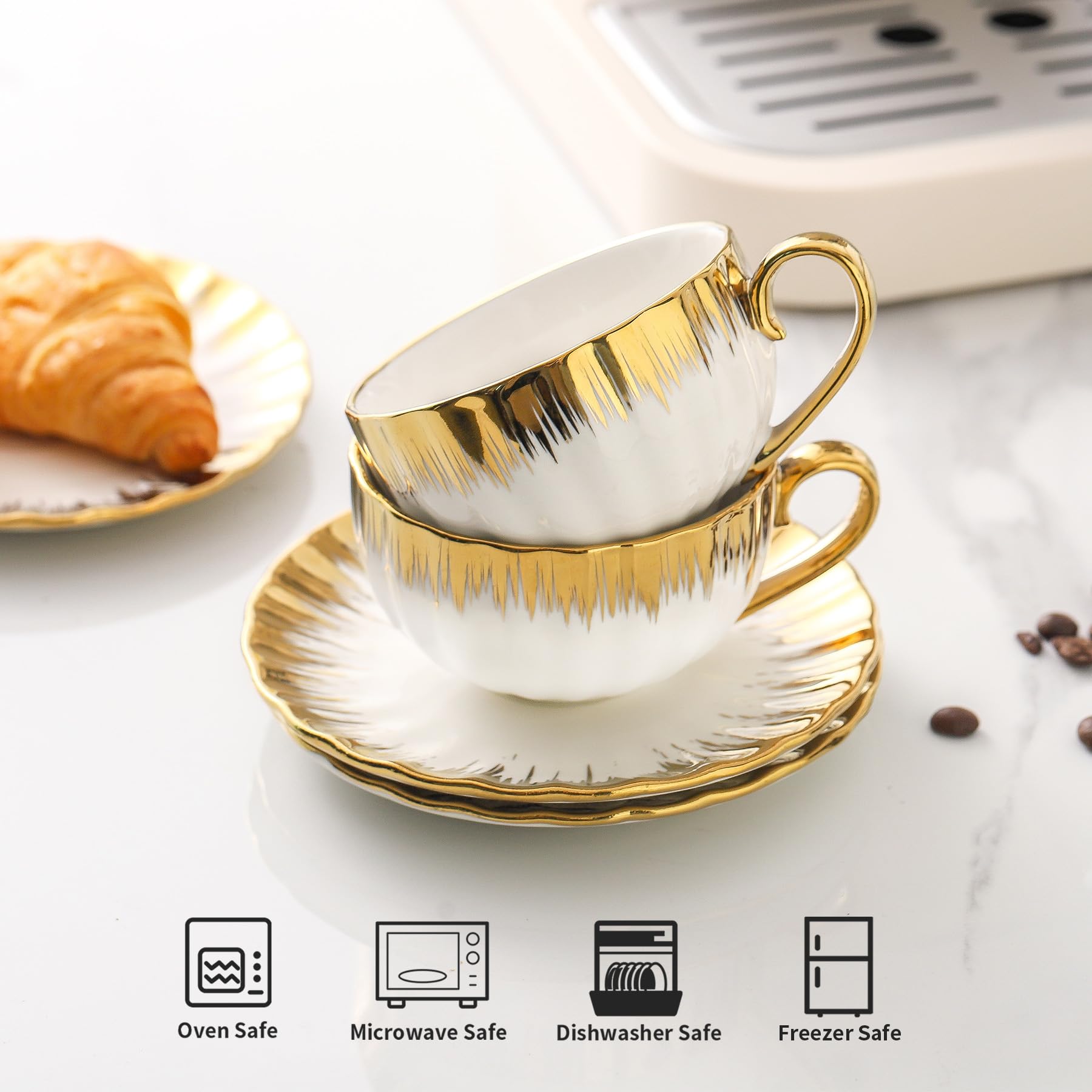 LETAOTAO Filiżanka i spodek do cappuccino, porcelanowy kubek do kawy 200 ml ze złotym wykończeniem, zestaw filiżanek do herbaty do podwójnego espresso, latte, biały