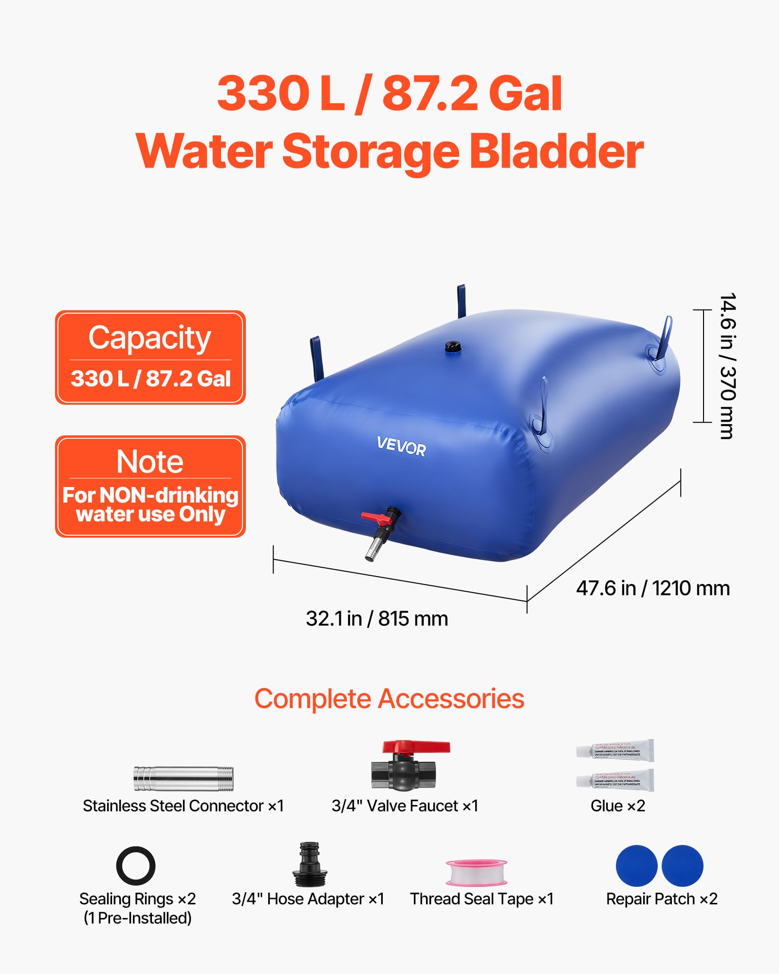 VEVOR Serbatoio dell'Acqua per Carriola, 330 L Portatile e Pieghevole, Sacca per Acqua Dolce in PVC 1000D Resistente all'Usura, per Rrigazione da Giardino, Camper, Uso di Emergenza, Blu