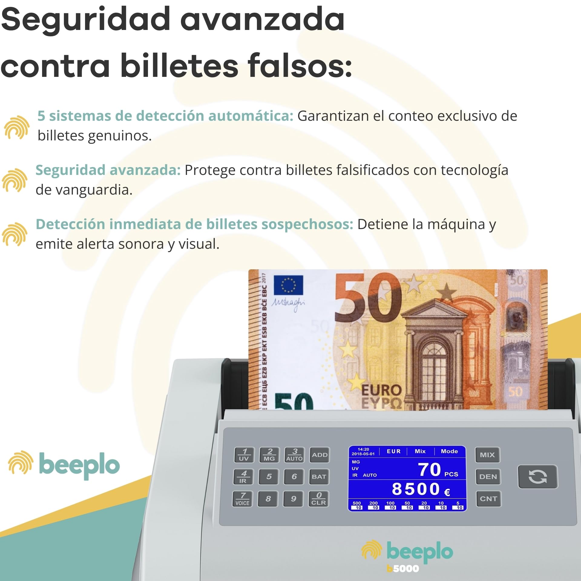 b5000 | Contadora Totalizadora de Billetes EUR | 5 Sistemas de Detección Automática | Precisión Total | Garantía 4 Años