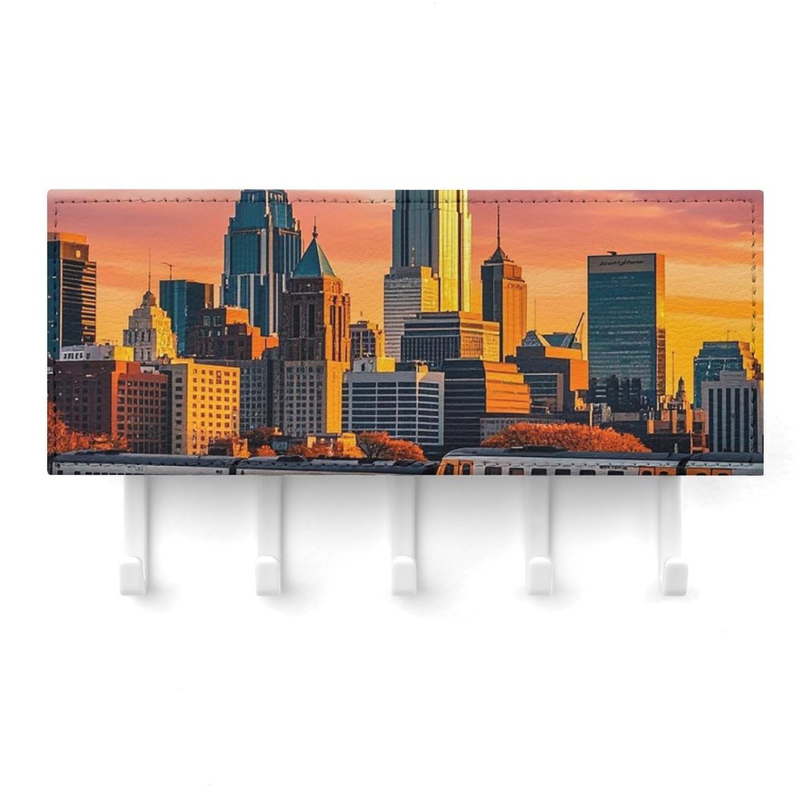 QMNLKH Sunset Bridge Skyscraper Wall Mounted Key Rack for Home, No Drilling Key Holder with 5 Hooks, Self Adhesive Keys Chain Organizer for Hallway, Keys Hanger Shelf for Office, Doorway White