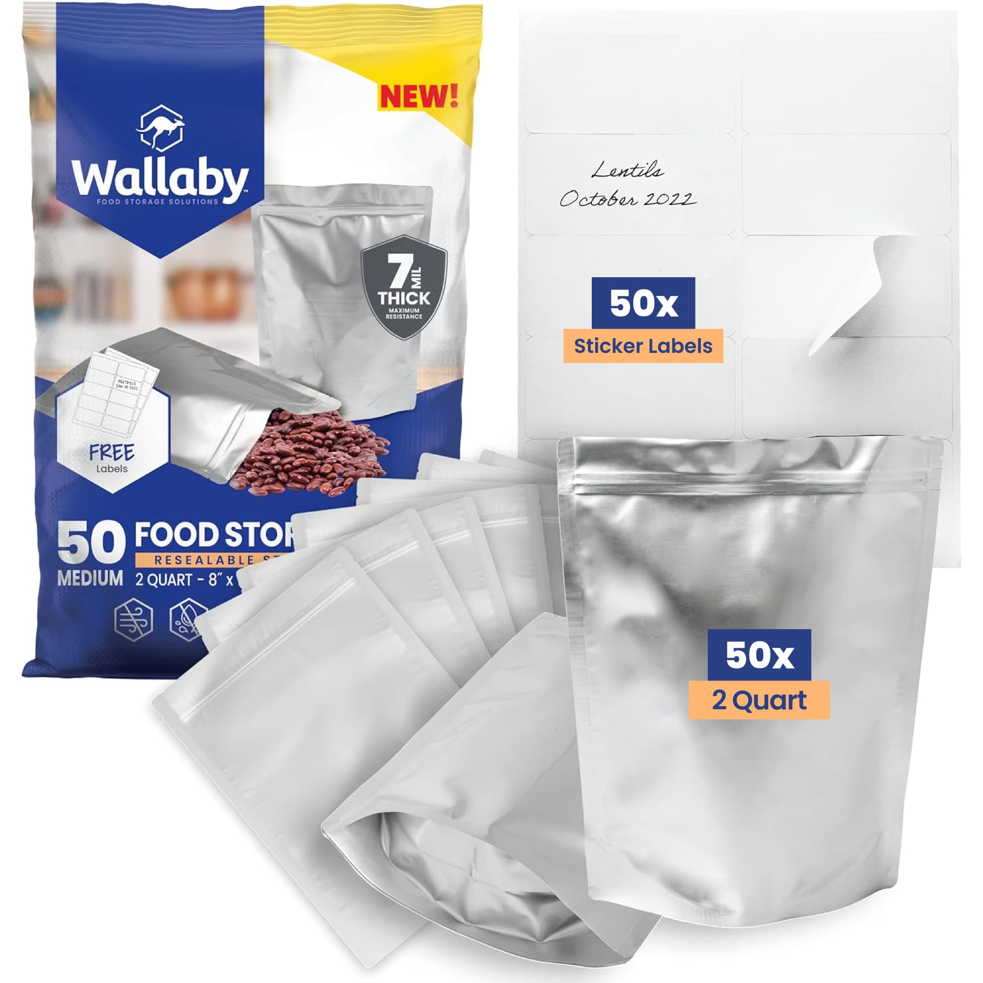 Wallaby 2-Quart Gusset 14 Mil Thick Mylar Bags, Zipper, Labels (50-Pack)